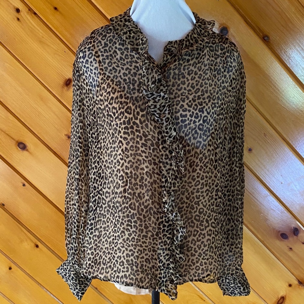 J.Crew Leopard Print Ruffle Cupro Blouse Sheer Long Sleeve Top Size 8 NEW